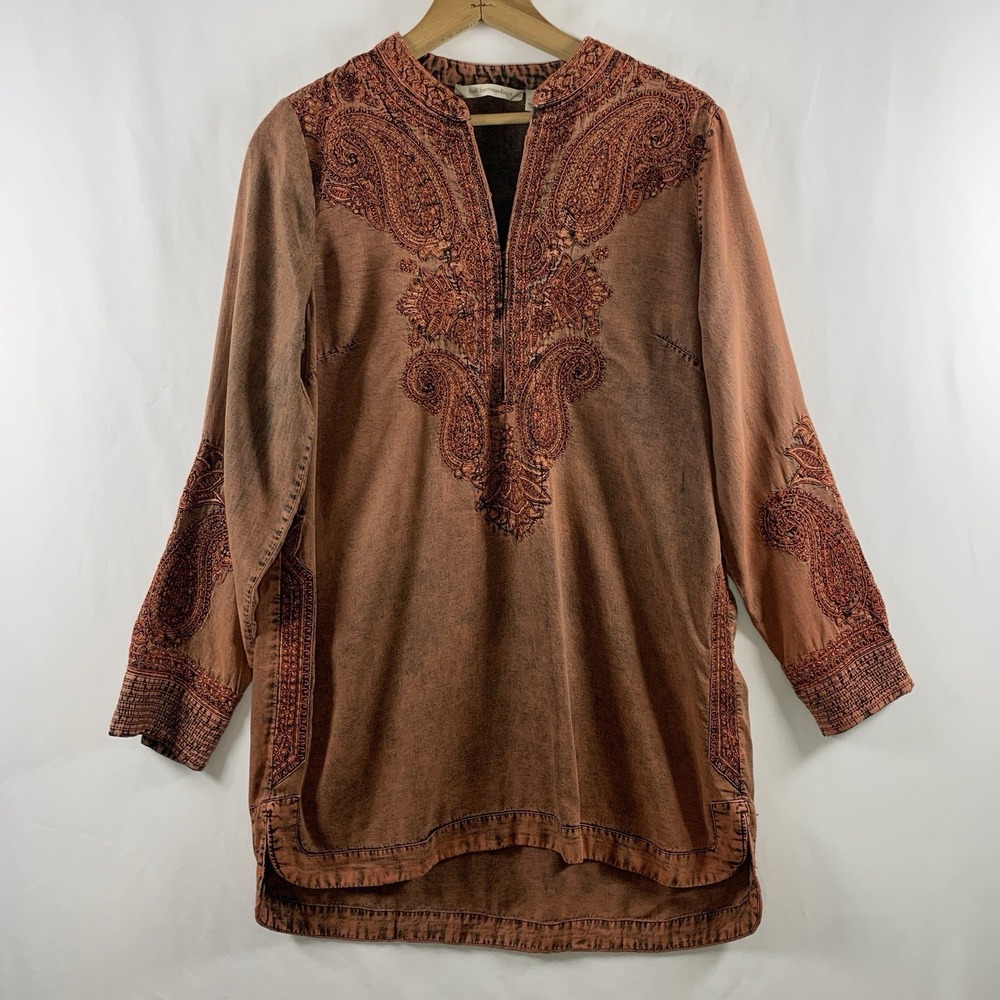 Soft Surroundings Womens Boho Embroidered Tunic Top Size M/L Rust Orange Artisan
